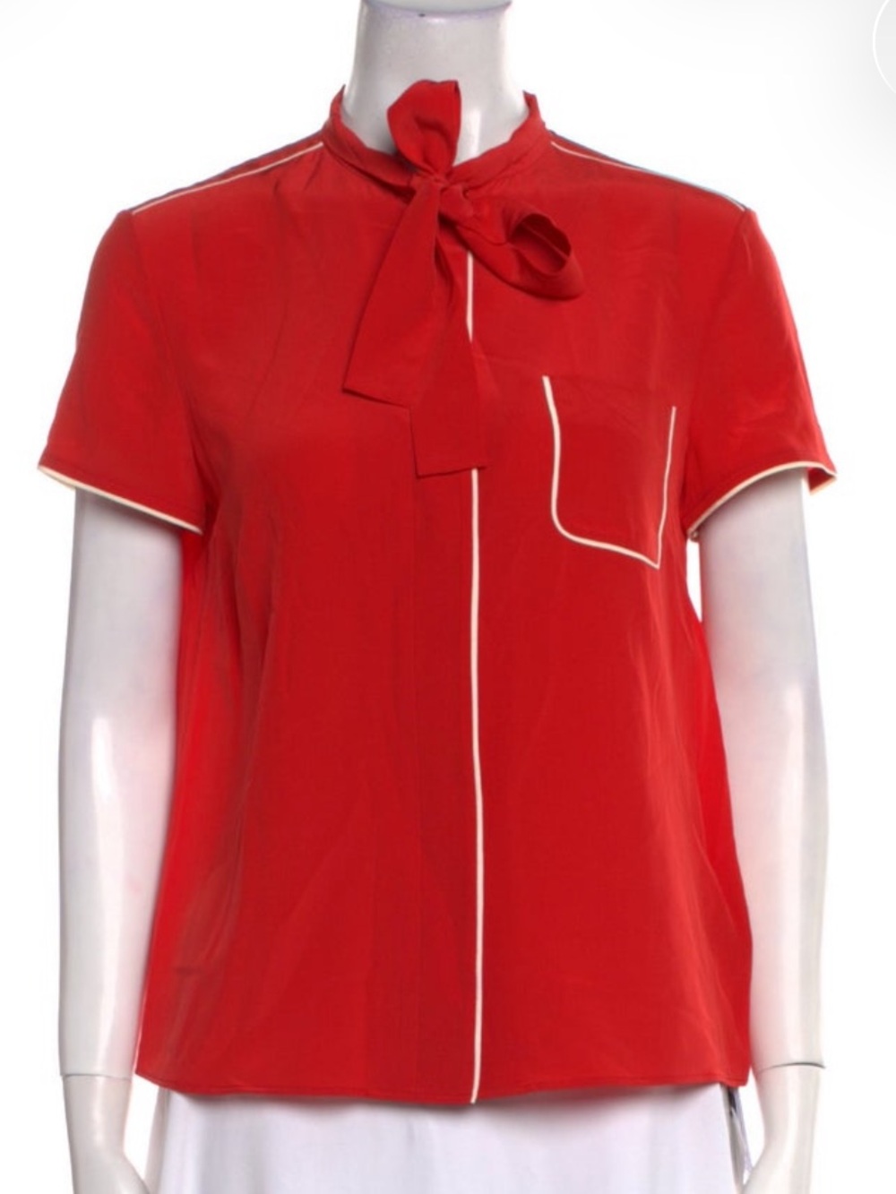 RED Valentino Red Short-Sleeve Silk Tie-Neck Blouse with White Piping. NWT